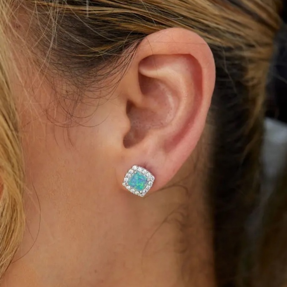 NWOT Savvy Cie Sterling Silver CZ Halo Created Opal Stud Earrings